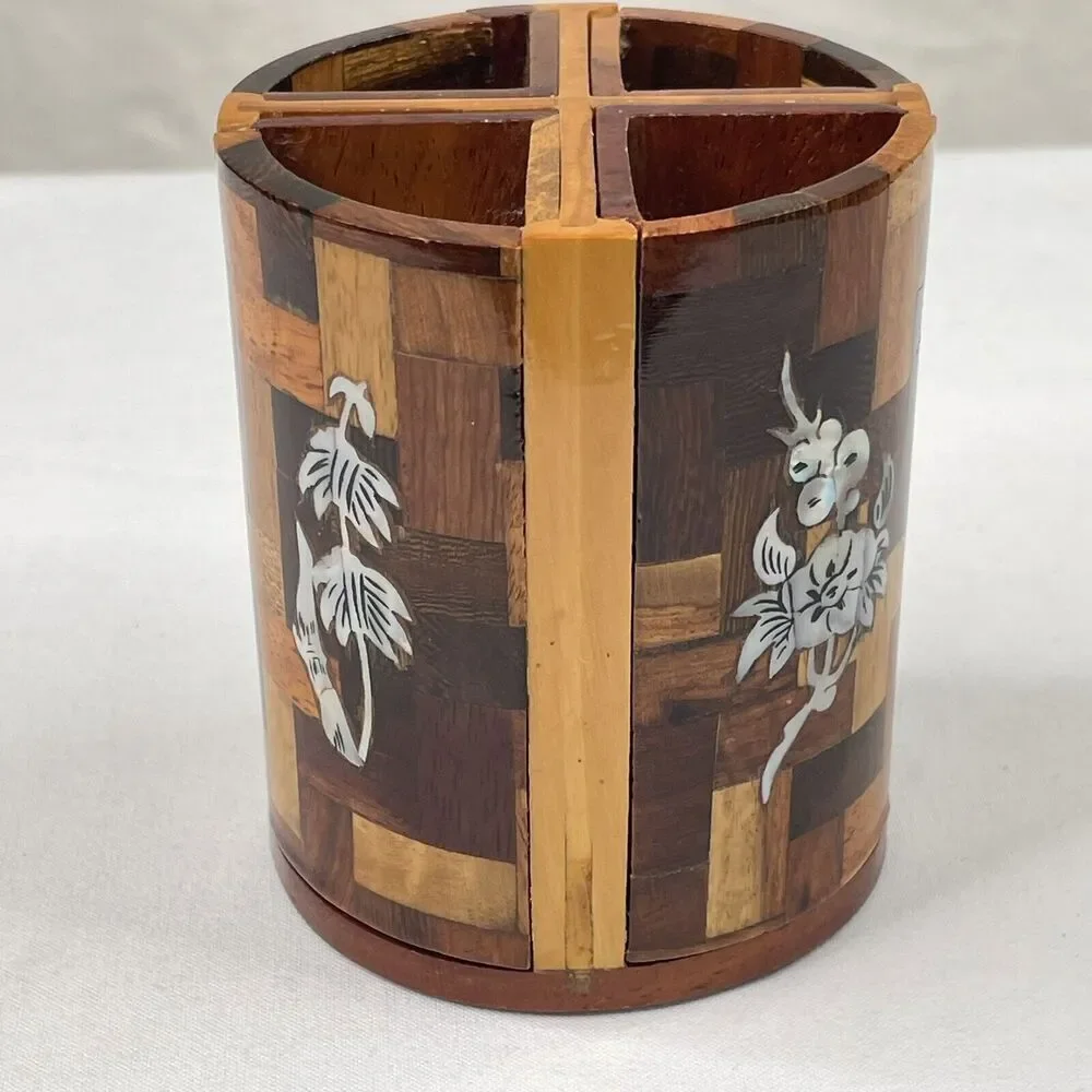 Vintage Wood Cigarette Holder Pencil Box Abalone Inlaid Home Desk Decor